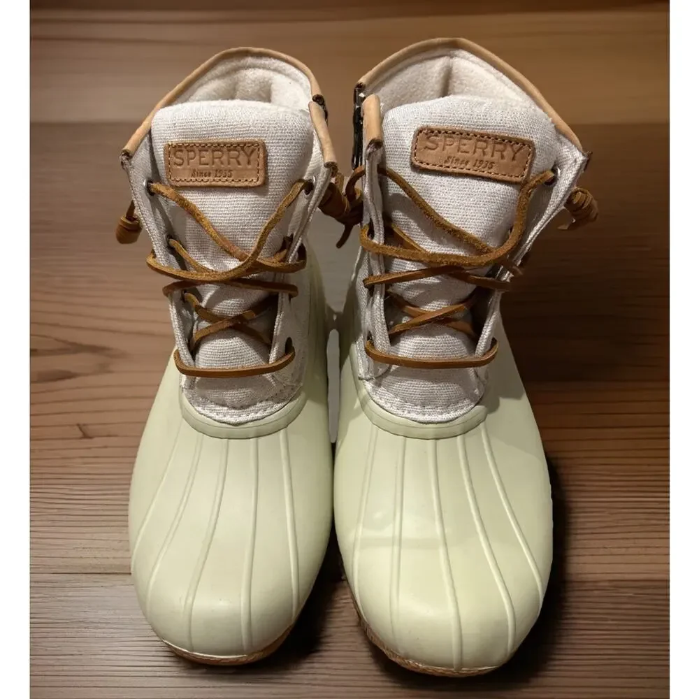 Sperry Women's Saltwater Ivory Duck Boots Lace Up Waterproof Side Zip Ankle sz 7